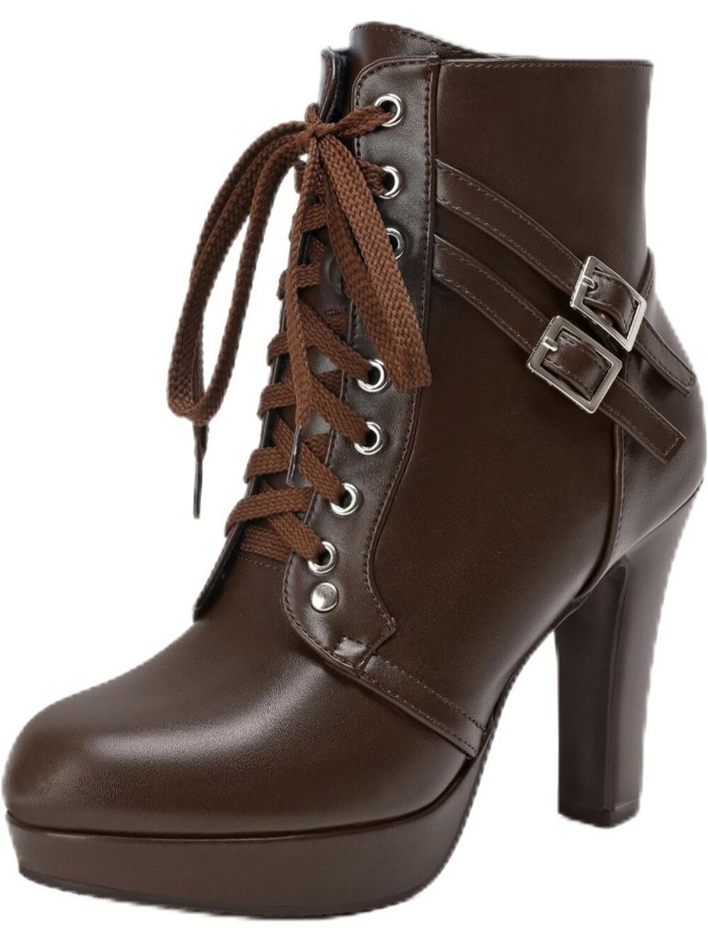 Women's Chocolate Platform Heels Round Toe Lace UP High Heels Mid Calf Boots